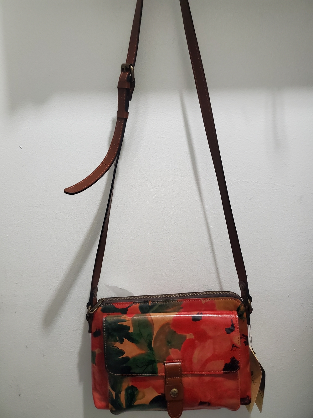 Patricia Nash Red and Green Floral Crossbody Bag with Brown Strap